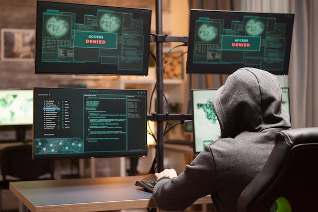 Achteraanzicht van mannelijke hacker die hoodie draagt terwijl hij cyberterrorisme doet met behulp van een computer met meerdere schermen. Toegang geweigerd.