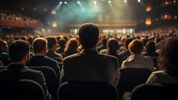 Achteraanzicht van mensen op conferentie Veel mannen en vrouwen tonen waardering op zakelijk forum