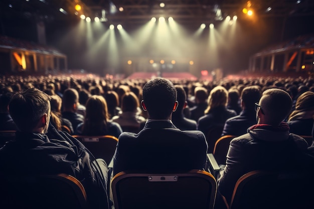 Achteraanzicht van publiek met podiumluidsprekers Generatieve AI