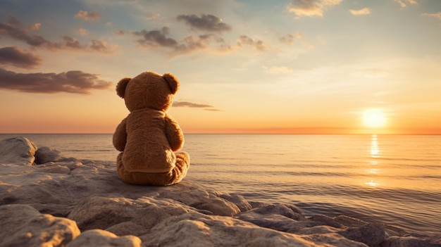 Achteraanzicht van teddybeer zitten en kijken naar de zonsondergang