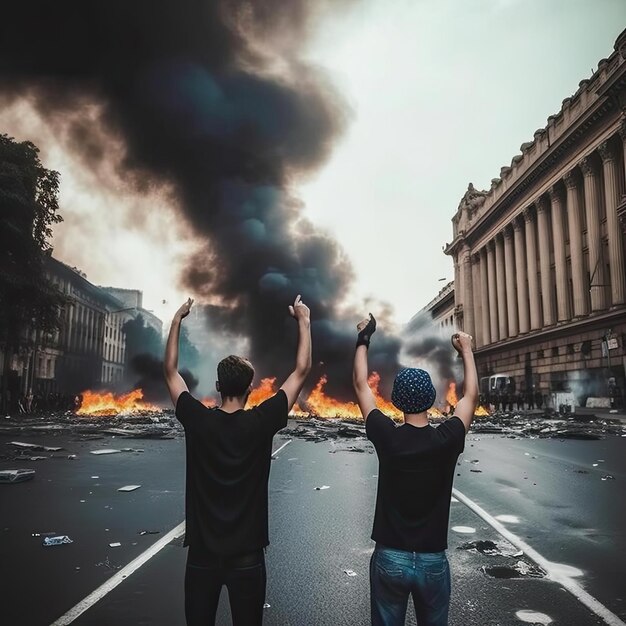 Achteraanzicht van twee jonge mannen die met opgeheven armen op straat protesteren