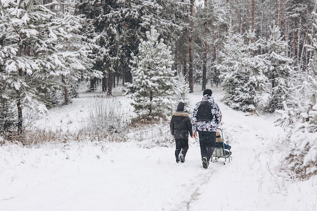 Achteraanzicht van vader en zoontje samen wandelen in besneeuwde dennenbos in de winter. Jonge man toerist in gele jas en tiener wandelen in besneeuwde sparren park. Winteractiviteit buitenshuis.