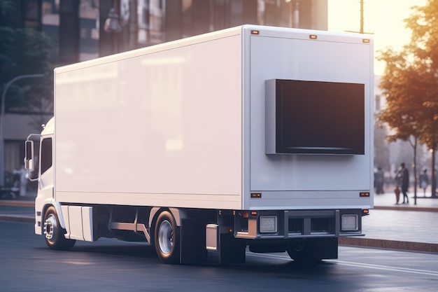 Achteraanzicht van vrachtauto voor goederenlevering met geautomatiseerde onbemande controle en blanco zijmodel aan