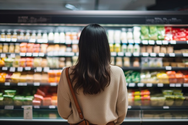 Achteraanzicht van vrouw die naar planken in de supermarkt kijkt