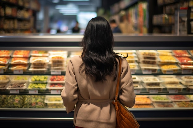 Achteraanzicht van vrouw die naar planken in de supermarkt kijkt