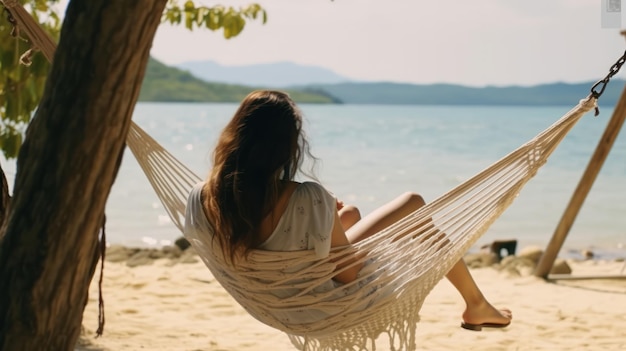 achteraanzicht van vrouw fictieve ontspannen op hangmat op het strand