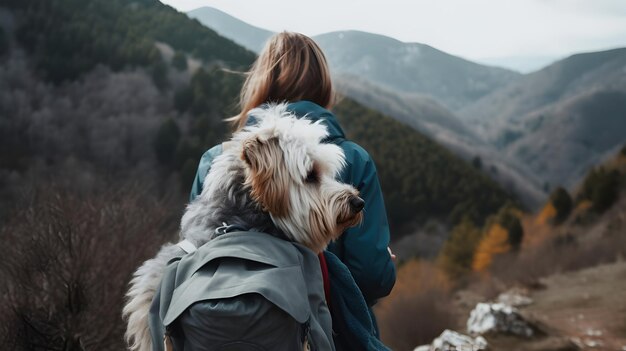 achteraanzicht van vrouw wandelen met grijze ruige pluizige hond zittend in rugzak in bergen in herfst huisdier