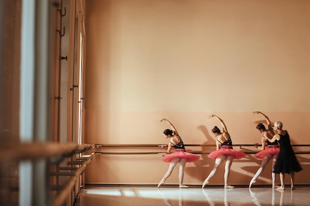 Achteraanzicht van vrouwelijke balletdansers die les hebben met balletleraar in dansstudio Copy space