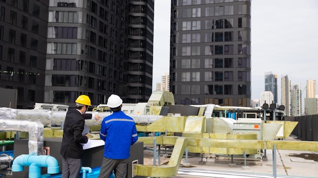 Achteraanzicht van zakenman en kantoorgebouweigenaar en energie-ingenieur plannen een project om een zonnepaneel te bouwen voor het gebouw in aanbouw schoon en groen alternatief energieconcept