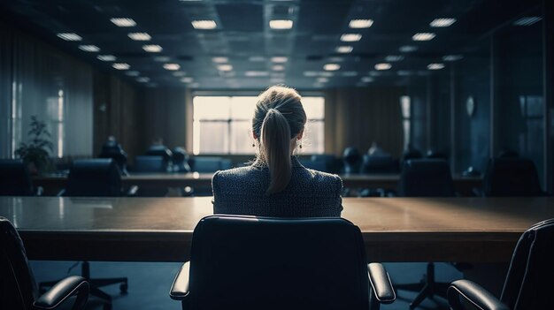 Achteraanzicht van zakenvrouw zittend aan tafel in vergaderruimte 's nachts generatieve ai