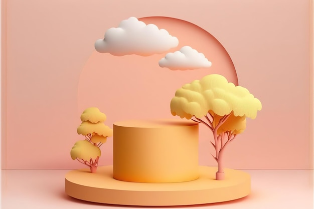 Achtergrond 3d oranje zomer cilinder houten podium en minimale wolkenscène met verlof zomerhout