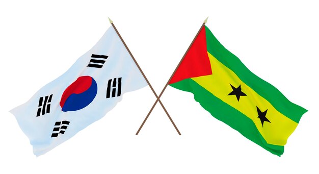 Achtergrond 3D render voor ontwerpers illustratoren Nationale Onafhankelijkheidsdag Vlaggen Zuid-Korea en Sao Tomé en Principe