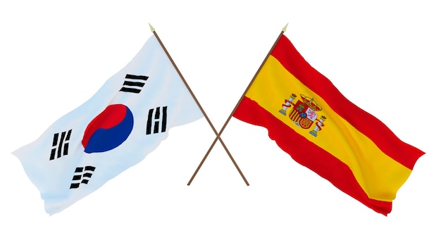 Achtergrond 3D render voor ontwerpers illustratoren Nationale Onafhankelijkheidsdag Vlaggen Zuid-Korea en Spanje