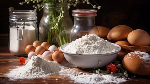 Achtergrond bakken Ingrediënten voor het koken, bakmeel, eieren, suiker, melk en kruiden. Bovenaanzicht met kopieerruimte op donkere, roestige tafel. Foto van hoge kwaliteit