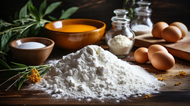 Achtergrond bakken Ingrediënten voor het koken, bakmeel, eieren, suiker, melk en kruiden. Bovenaanzicht met kopieerruimte op donkere, roestige tafel. Foto van hoge kwaliteit