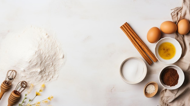 Achtergrond bakken Ingrediënten voor het koken, bakmeel, eieren, suiker, melk en kruiden. Bovenaanzicht met kopieerruimte op donkere, roestige tafel. Foto van hoge kwaliteit