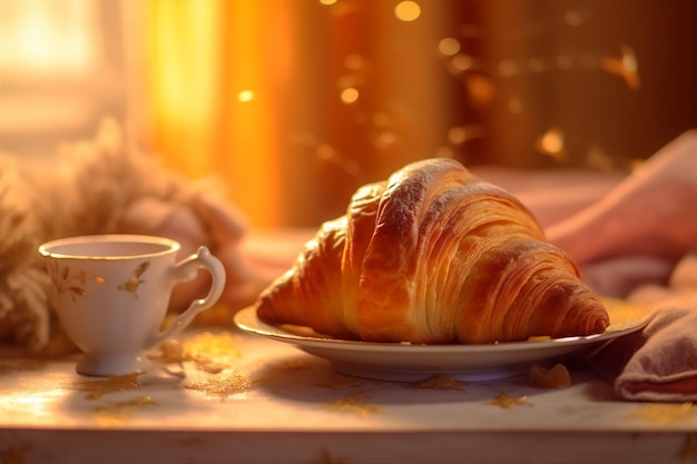 Achtergrond bakkerij beker drankje ontbijt bokeh croissant achtergrond gebak tafel eten ochtend Generatieve AI