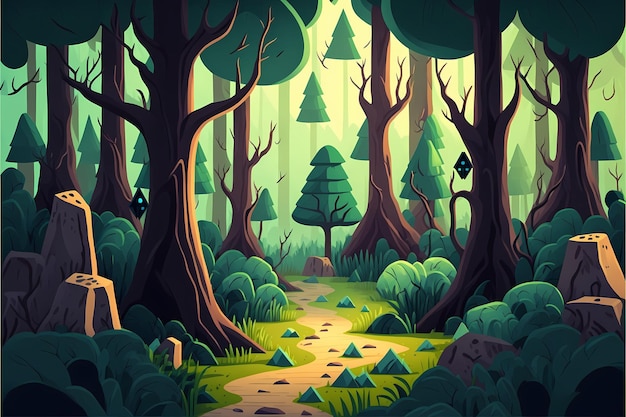 Achtergrond bos illustratie, Cartoon Style landschap, eindeloze natuur achtergrond voor computerspellen