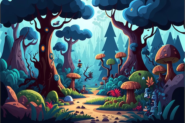 Achtergrond bos illustratie, Cartoon Style landschap, eindeloze natuur achtergrond voor computerspellen