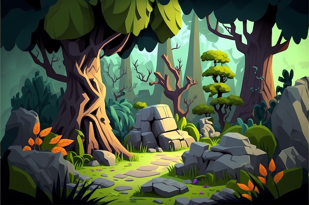 Achtergrond bos illustratie, Cartoon Style landschap, eindeloze natuur achtergrond voor computerspellen