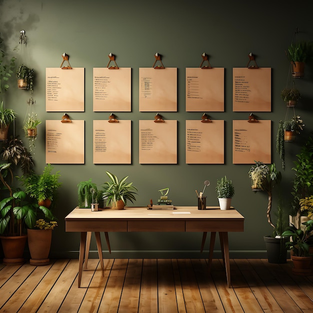 Foto achtergrond corkboard-muur met een galerij met ingelijste plantenfoto's pl creatieve populaire materialen
