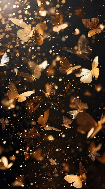 Foto achtergrond gemaakt van veel doorzichtige gouden vlinders