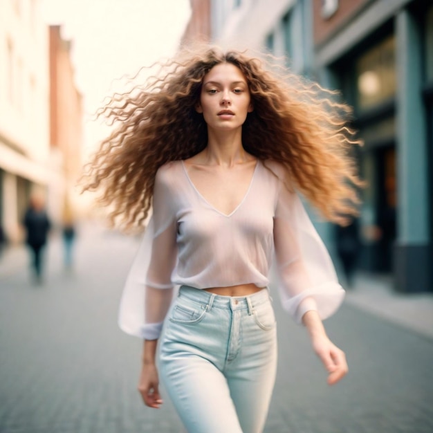 achtergrond meisje met vloeiend bruin haar loopt op straat met vlek