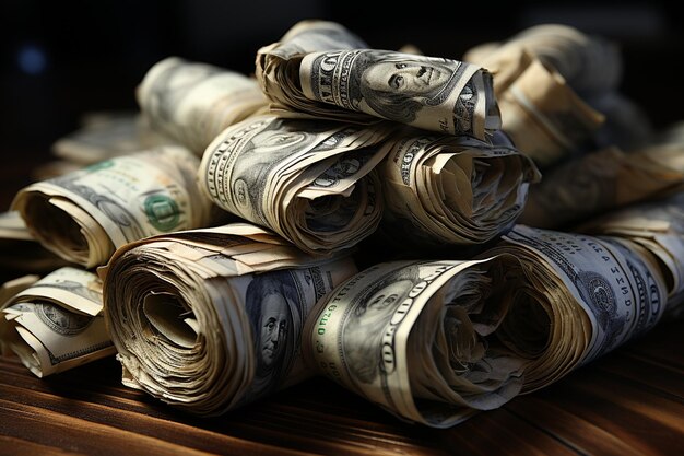 Foto achtergrond met amerikaanse een-dollar biljetten close-up van het geld verdraaide bundel ar c v