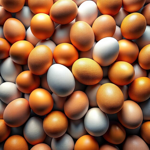 Achtergrond met bruine en witte eieren Close-up top view Stapel eieren