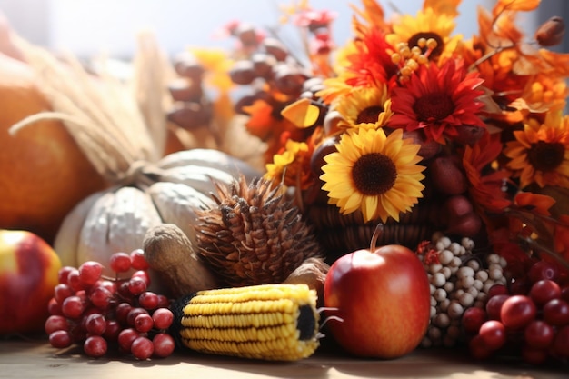 Achtergrond met dankzegging decoreren Pompoenen met fruit bloemen groenten bladeren AI gegenereerd