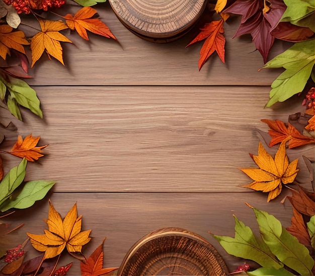 Achtergrond met houten tafel en herfstbladeren rond de randen