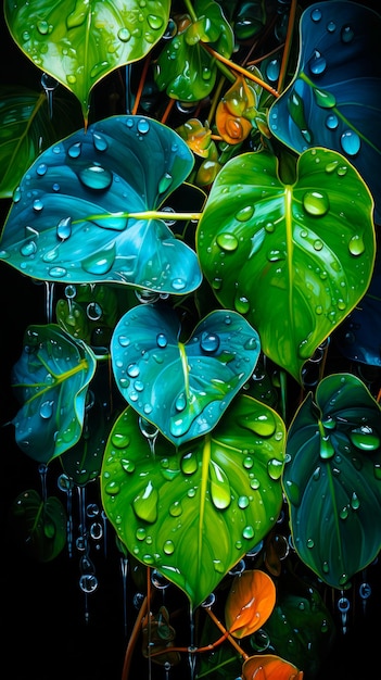 Achtergrond met kleurrijke tropische bladeren in waterdruppels idee voor een verticale banner of screensaver