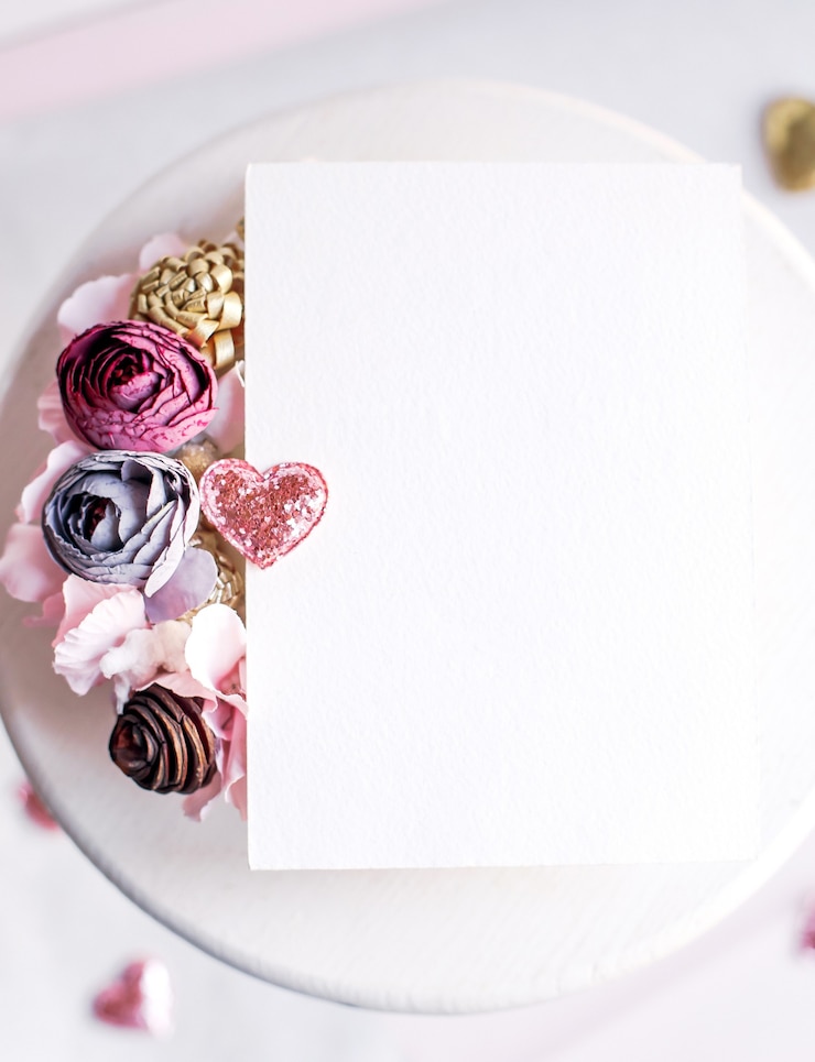 Foto achtergrond met kopie ruimte leeg op witte tafel met glitter hart, eucalyptus tak, bloemen en bladeren. witboek bovenaanzicht, plat gelegd, minimalistische stijl. moke-up kaart.
