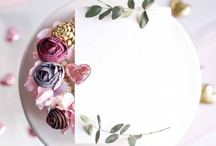 Foto achtergrond met kopie ruimte leeg op witte tafel met glitter hart, eucalyptus tak, bloemen en bladeren. witboek bovenaanzicht, plat gelegd, minimalistische stijl. moke-up kaart.