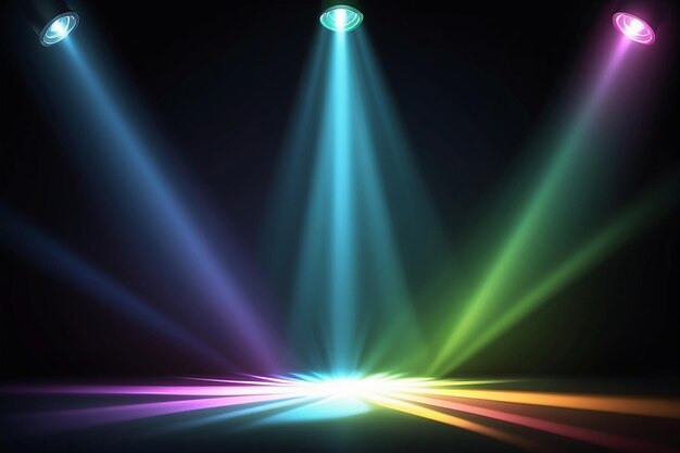 Achtergrond met lichtstralen van de gekleurde spotlights Sterke verlichting met gekleurde Spotlights projector Gekleurde scène