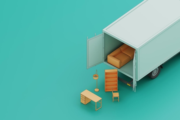 Achtergrond met meubels naast een rijdende vrachtwagen voor het verplaatsen van huizen 3D-rendering