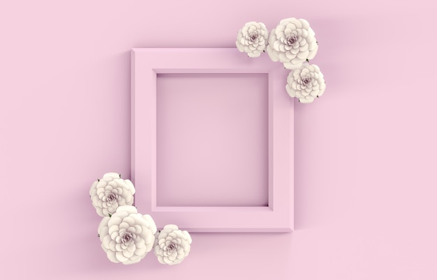 achtergrond met roze frame en witte roze bloem. 3D zomer bovenaanzicht achtergrond. Roze achtergrond.