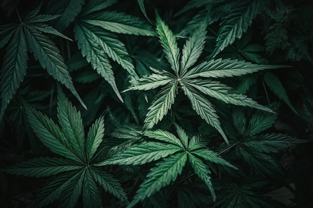Achtergrond met textuur van cannabis-marihuanabladeren op groene onkruidhennepstruiken Generatieve AI