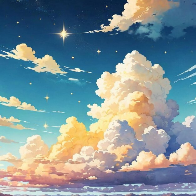 Achtergrond met wolken levendige bleke lichtgele kleuren prachtige hemel Anime waterverf stijl ai gen