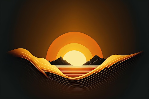 Achtergrond minimalisme zonsondergang zee en bergen Generatieve AI