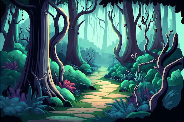 Achtergrond mystieke bos illustratie, Cartoon Style landschap, eindeloze natuur achtergrond