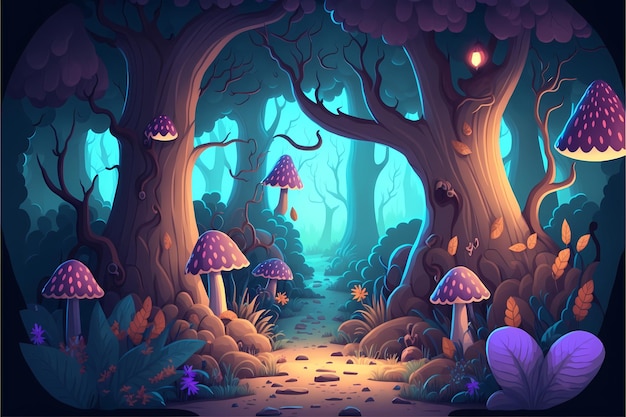 Achtergrond mystieke bos illustratie, Cartoon Style landschap, eindeloze natuur achtergrond