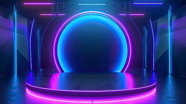 Achtergrond podium 3d licht spel cirkel blauwe neon podium scherm hologram platform