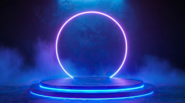 Achtergrond podium 3d licht spel cirkel blauwe neon podium scherm hologram platform