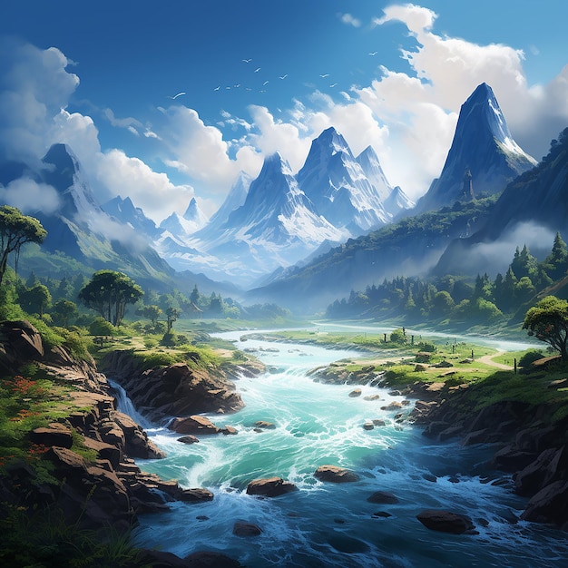 achtergrond rivier berg wolk chinese stijl