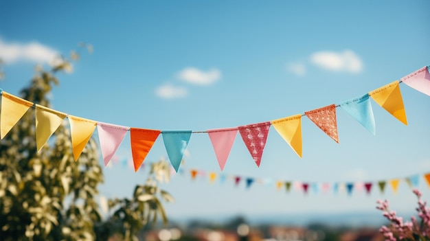 Achtergrond sjabloon voor een zomerfeest met een kleurrijke pennant string decoratie te midden van groen boombladeren en een blauwe lucht