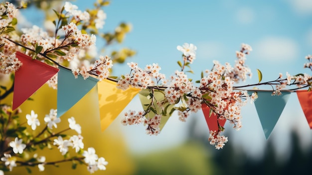 Achtergrond sjabloon voor een zomerfeest met een kleurrijke pennant string decoratie te midden van groen boombladeren en een blauwe lucht