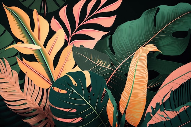 Achtergrond tropische bladeren Tropisch design palmbomen en bananenbladeren weelderige kleuren AI Generation