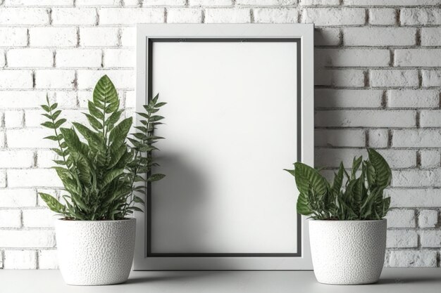 Achtergrond Twee frames op witte bakstenen muur met potplanten
