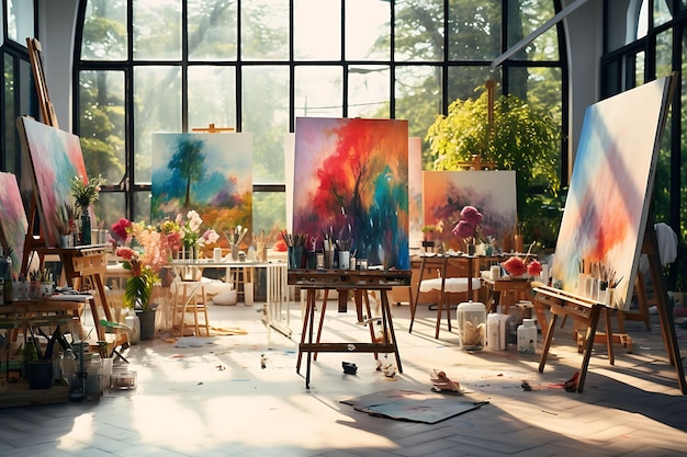 Achtergrond van Art Studio Room Easels Canvases Paintbrushes Kleurige kleur voor Content Creator Stream